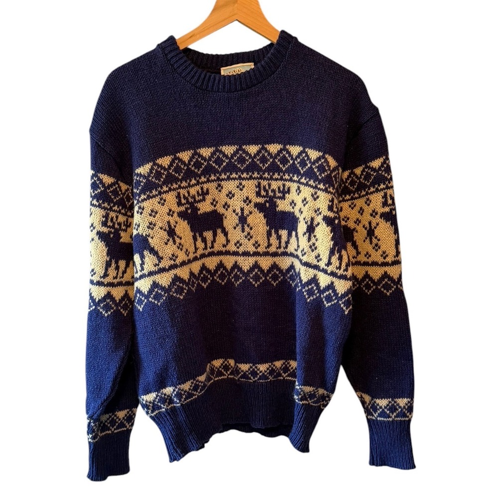 Vintage Timberline Moose Fair Isle Sweater Mens Large Navy Blue Made in USA